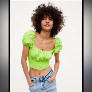 Zara neon green cropped blouse square neck short sleeve puff sleeve women’s XS